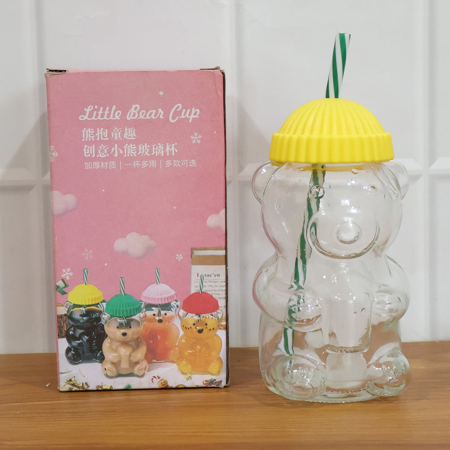 bear design glass straw bottle for kids drink