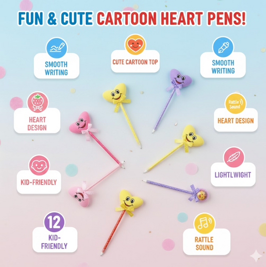 Cute Cartoon Shape & Heart Design Facy Writting Pen Attached Rattle | Ball Pen Smooth Writing For Wedding , Events & Multiuse Pen Best Pen l Use for Kids (12 Pcs Set Mix Design & Color)