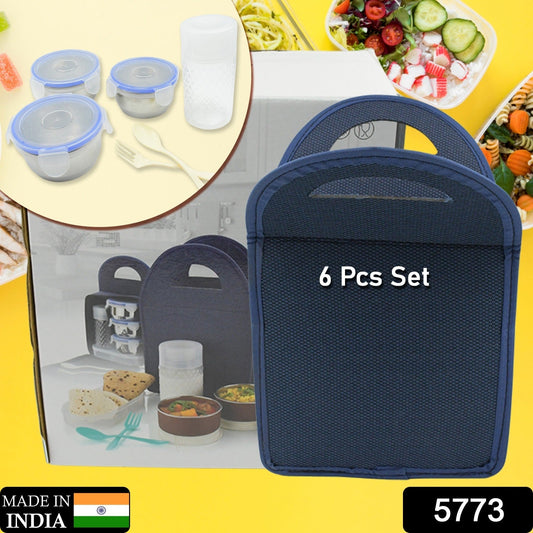 6In1 Tiffin Box-Lunch Box | 3 Stainless Steel Containers | Plastic lid Box | Spoon & Fork /Plastic Bottle | Insulated Fabric Bag | Leak Proof | Microwave Safe for Office, College and School (6 pcs)