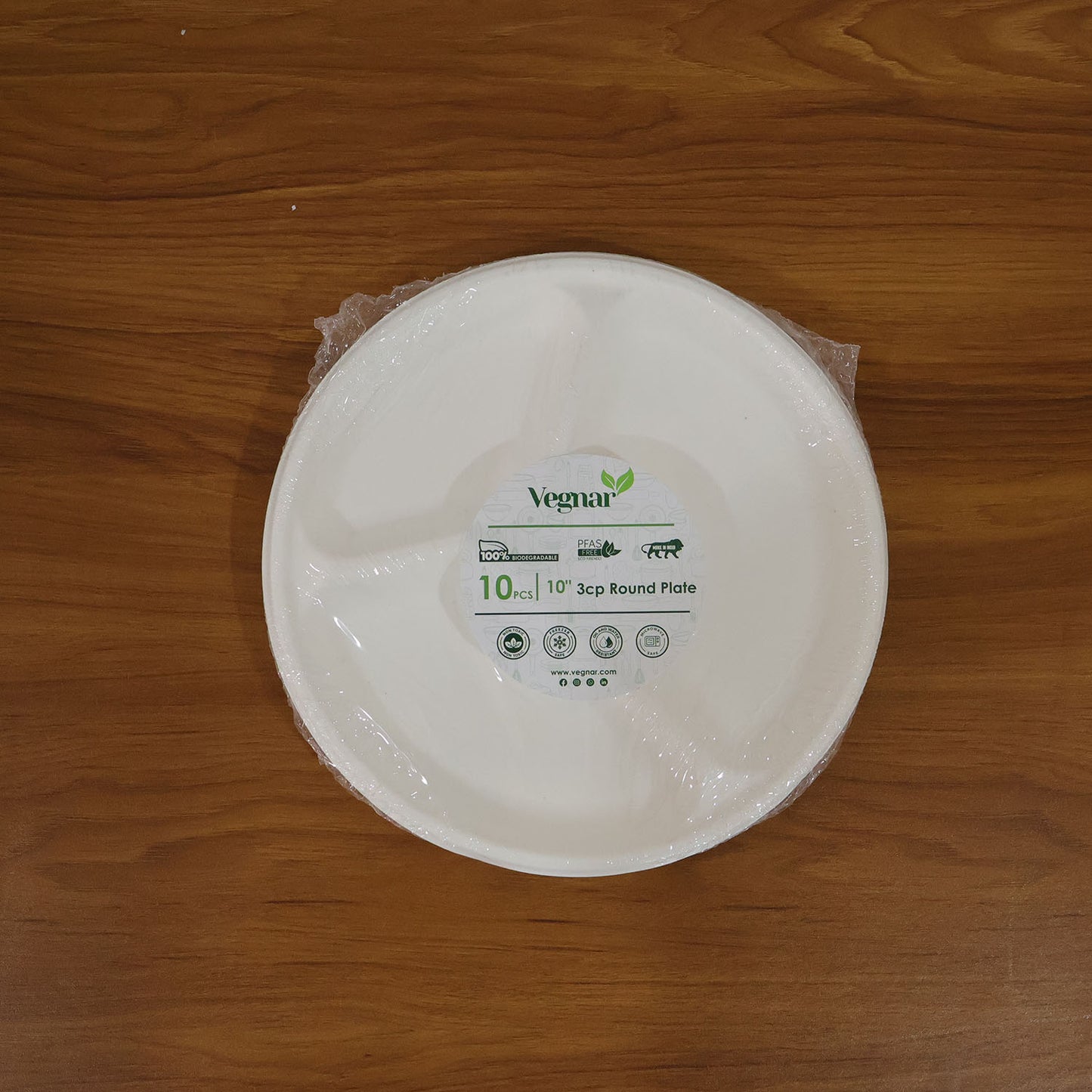 Vegnar 10 Inch 3-Compartment Round Compostable Bagasse Plate (10 Pc)