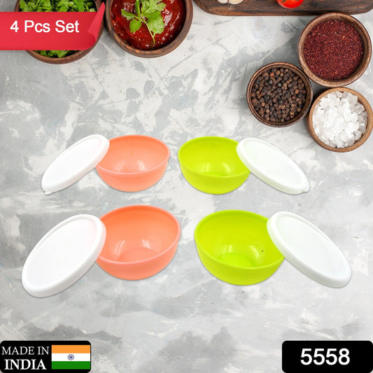 Multipurpose Small Round Plastic Bowl / Katori With Lid, Chutney Bowl (4 Pcs Set)