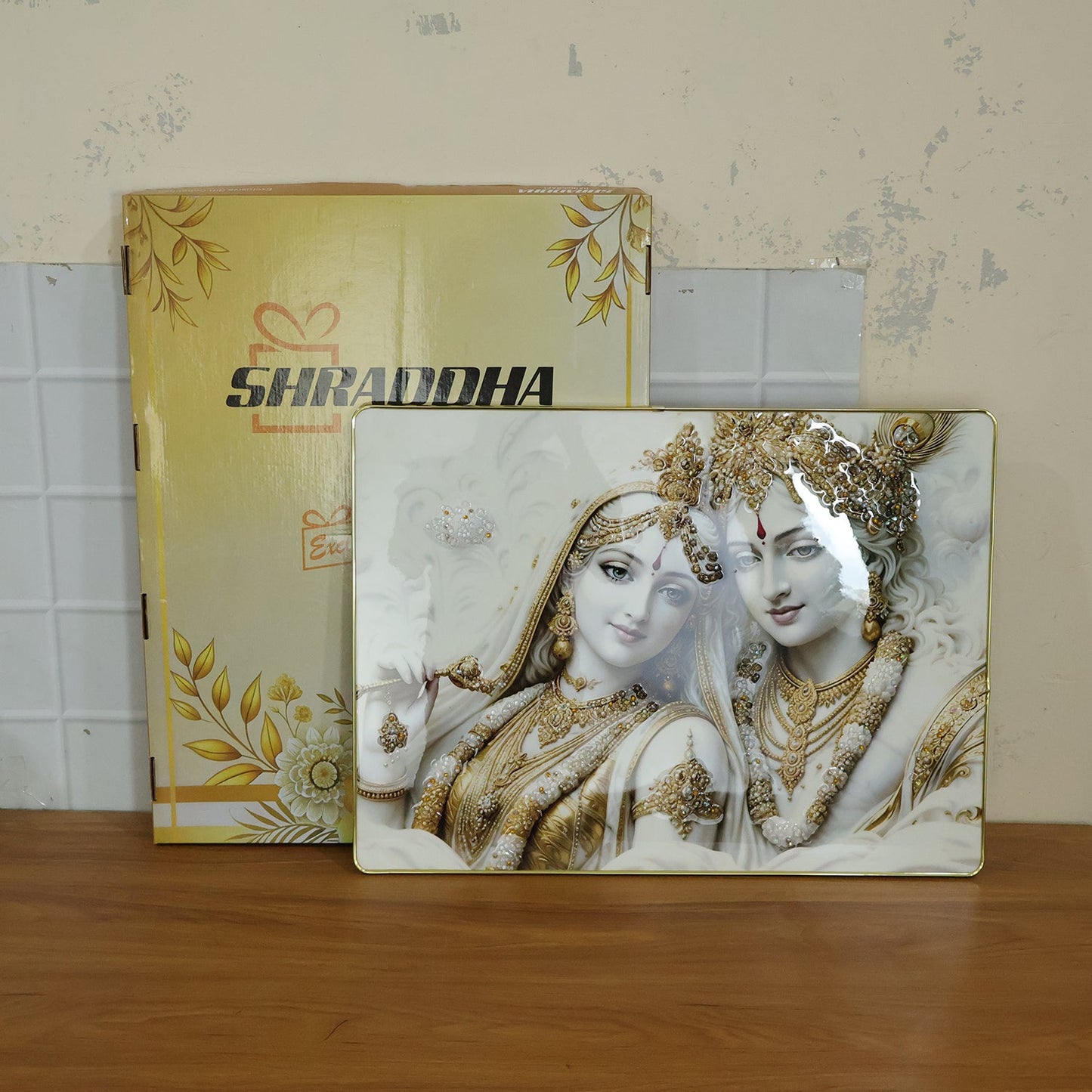 Premium Radha Krishna Royal White Gold Finish Wall Art Frame (1 Pc, 60x45 Cm)