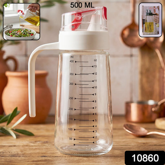 500ml Glass Oil Dispenser Bottle with Auto-Flip Cap, Measurement Markings and Usage Inset Images Showing Oil Pouring on Salad