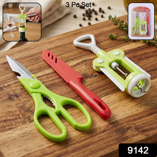 3 Pc Set Kitchen Tool Kit – Wine Bottle Opener, Knife, and Scissors Set