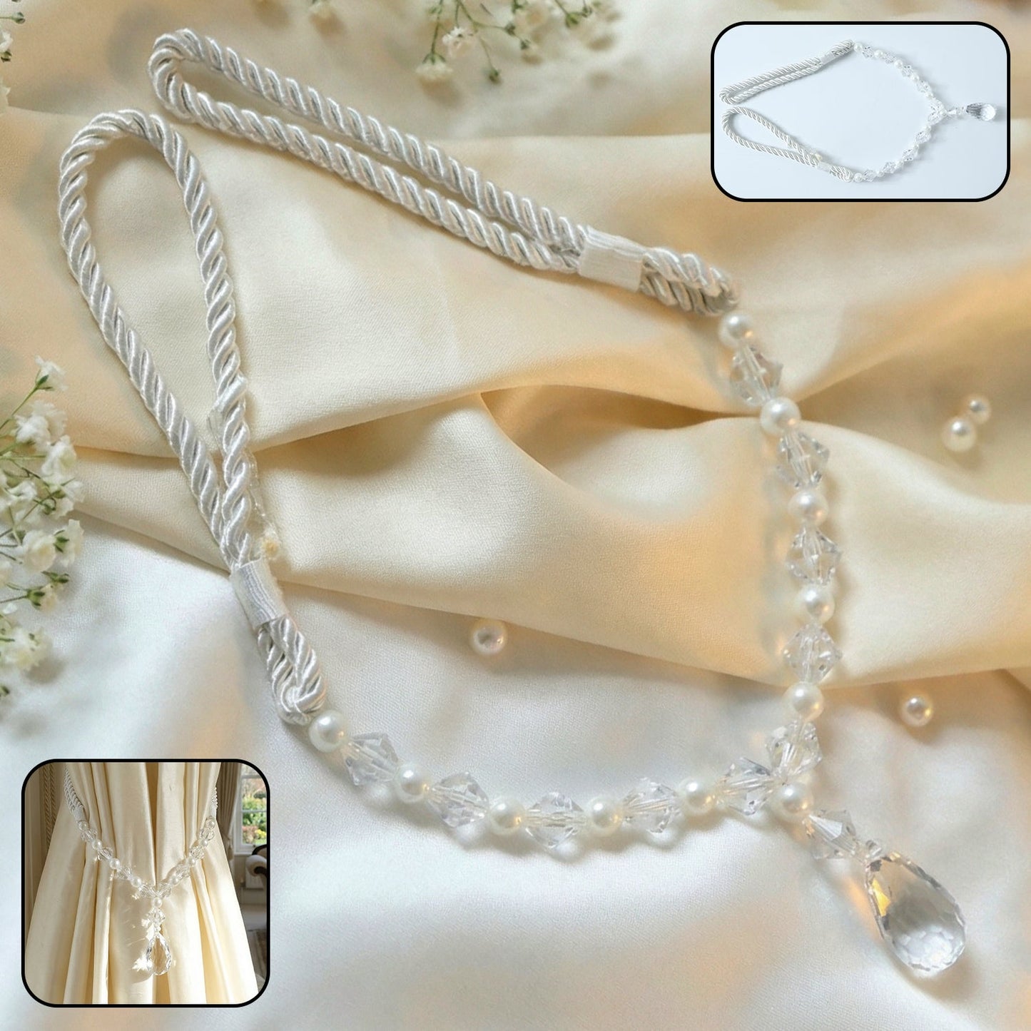 Luxury crystal and pearl beaded curtain tieback