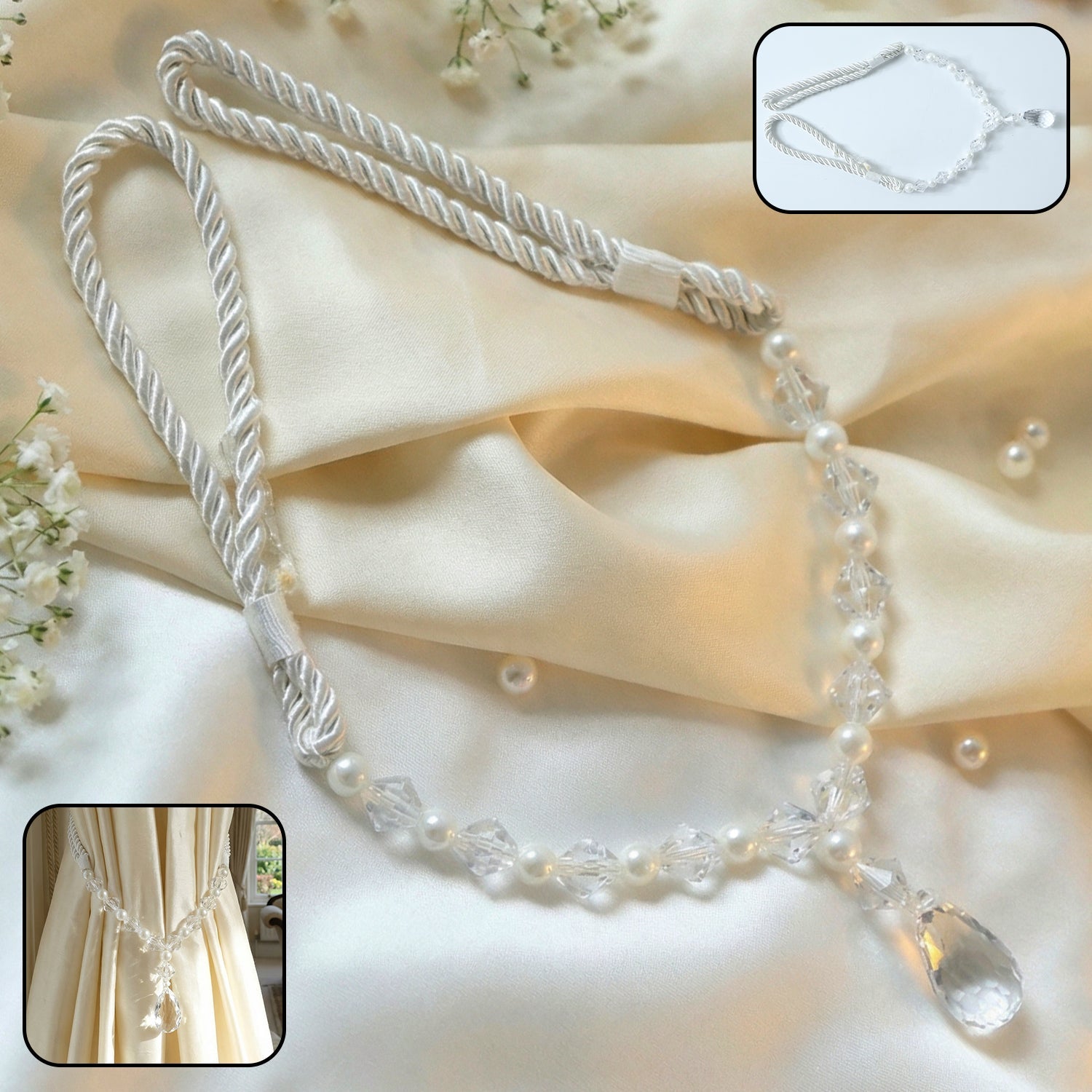 Luxury crystal and pearl beaded curtain tieback