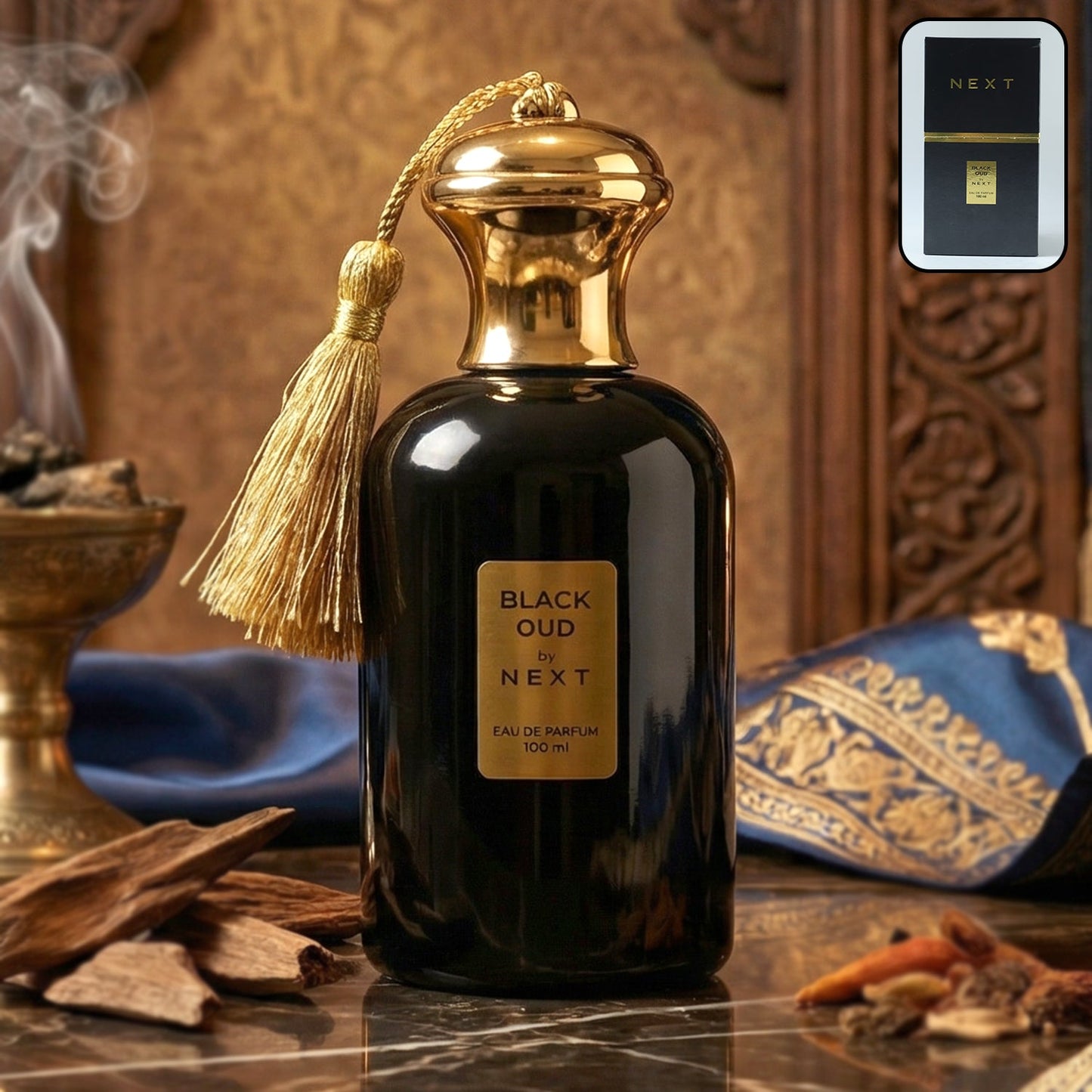 Next Black Oud luxury perfume bottle packaging