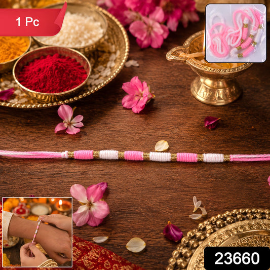 Cute Pink White Thread Rakhi for Brother with Golden Beads (1 Pc)