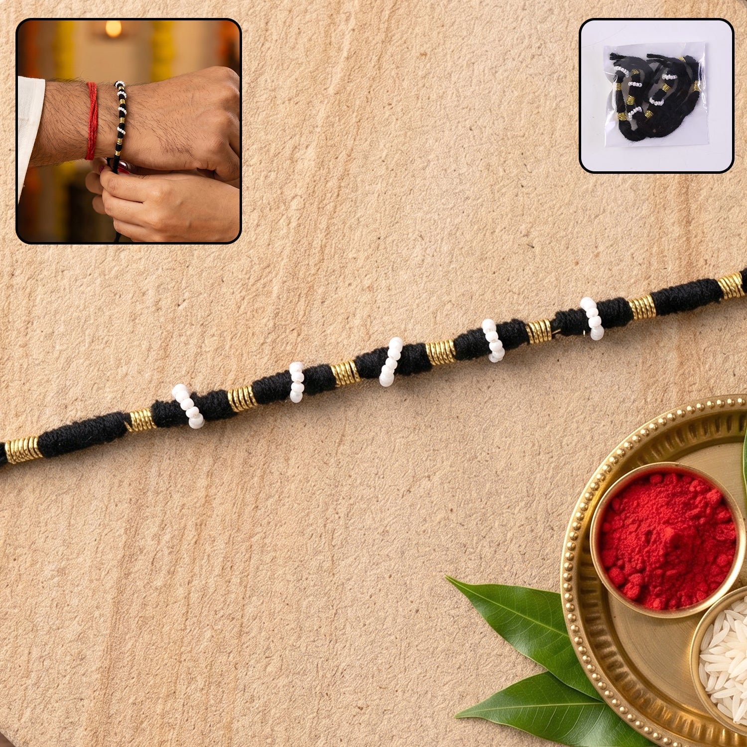 Black Thread Rakhi with White Beads