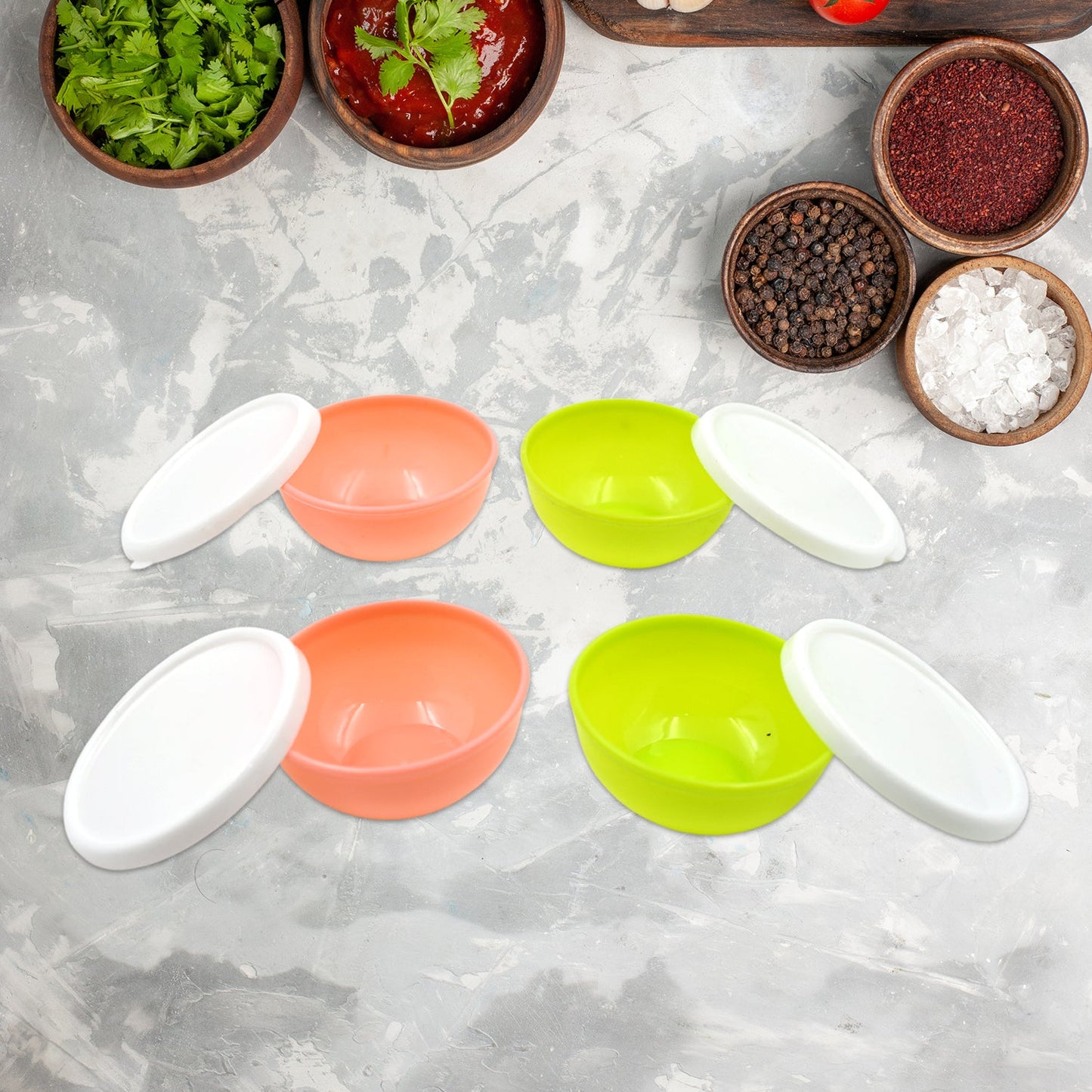 Multipurpose Small Round Plastic Bowl / Katori With Lid,  Chutney Bowl (4 Pcs Set)