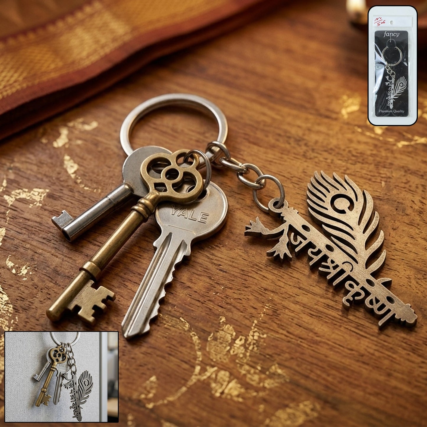 Metal flute Krishna keychain