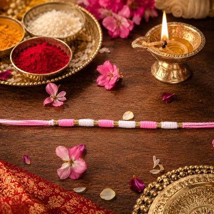 Cute Pink White Thread Rakhi for Brother with Golden Beads (1 Pc)