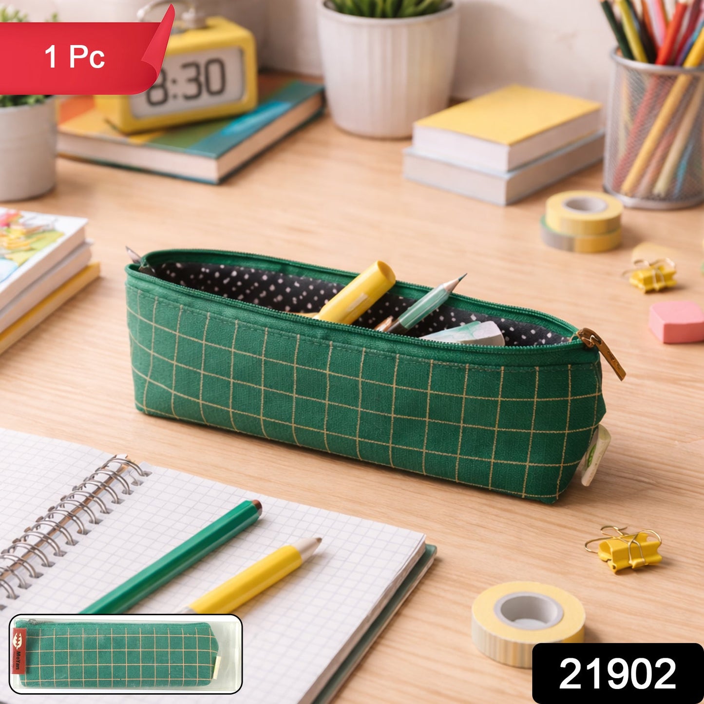 Premium Green Grid Printed Zipper Pencil Pouch Organizer (1 Pc)
