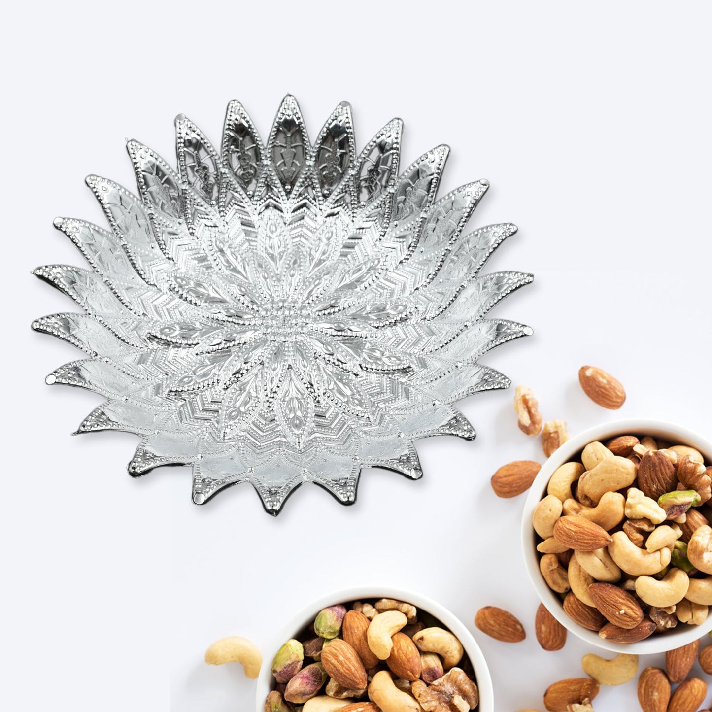 Plastic silver-finish decorative mukhwas serving tray for festive use India