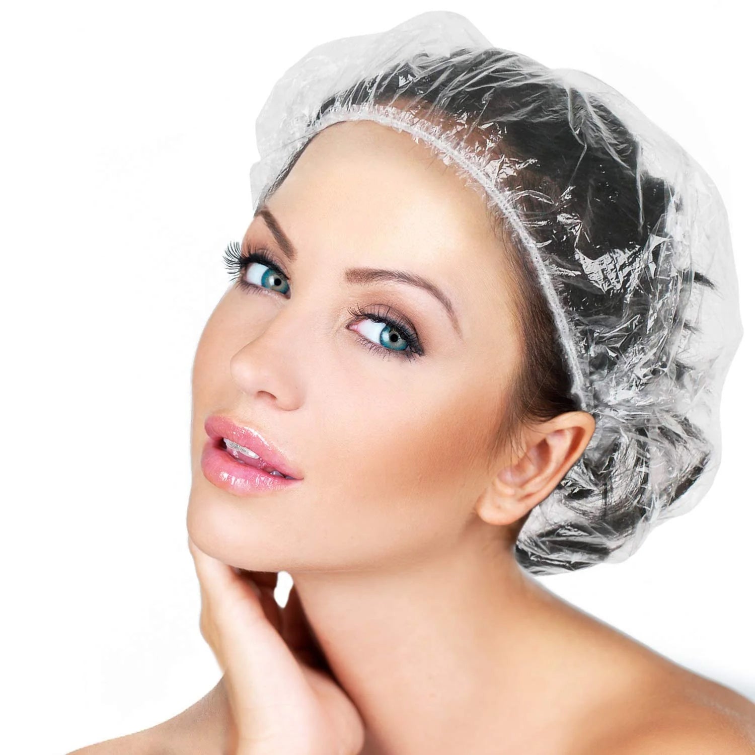 Disposable plastic shower cap in use