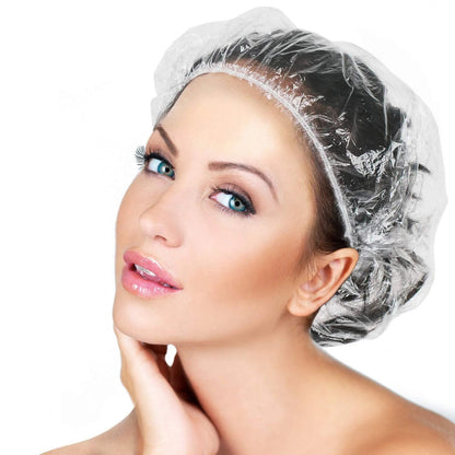 Disposable plastic shower cap in use