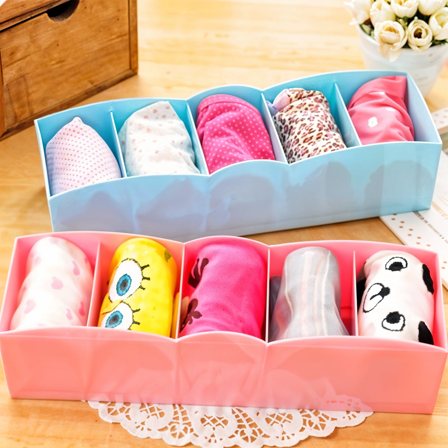 5 Compartments Socks / Handkerchief / Underwear Storage Box, Socks tray (pack of 2)
