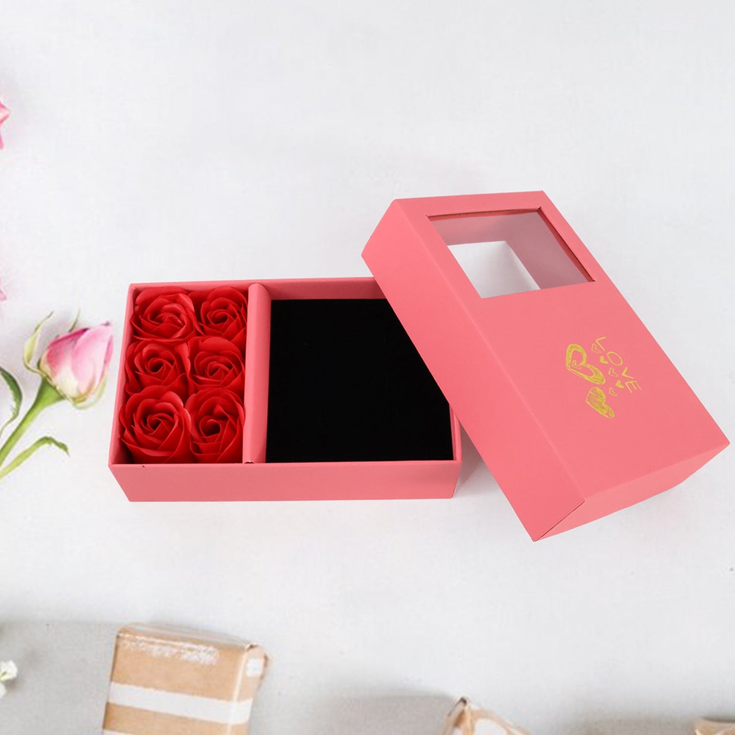 Romantic rose jewellery packaging box with lid top view India
