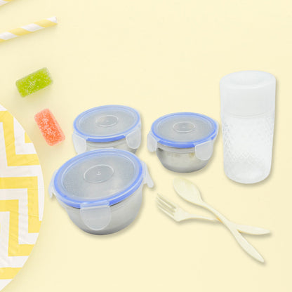 6In1 Tiffin Box-Lunch Box | 3 Stainless Steel Containers | Plastic lid Box | Spoon & Fork /Plastic Bottle | Insulated Fabric Bag | Leak Proof | Microwave Safe  for Office, College and School  (6 pcs)