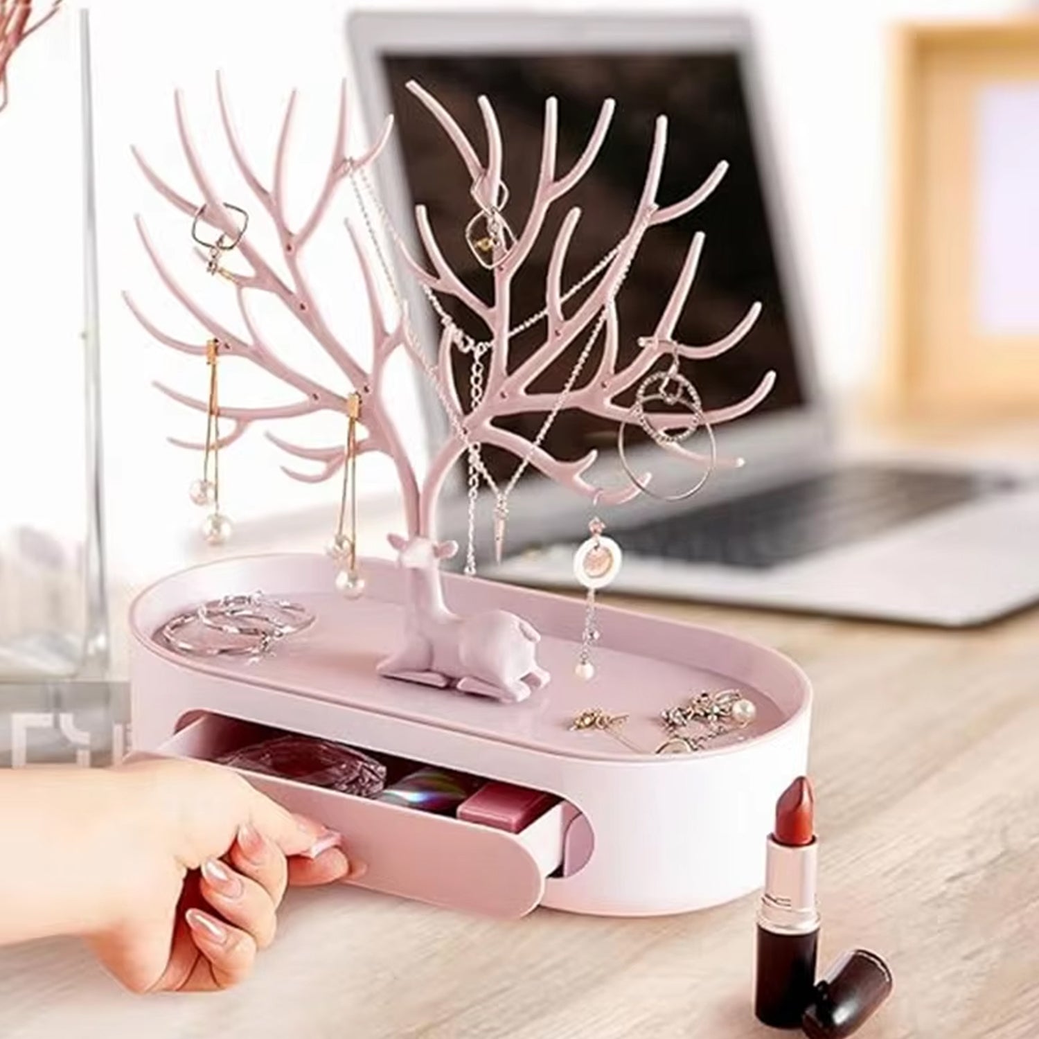Plastic earring holder and necklace rack with storage drawer India