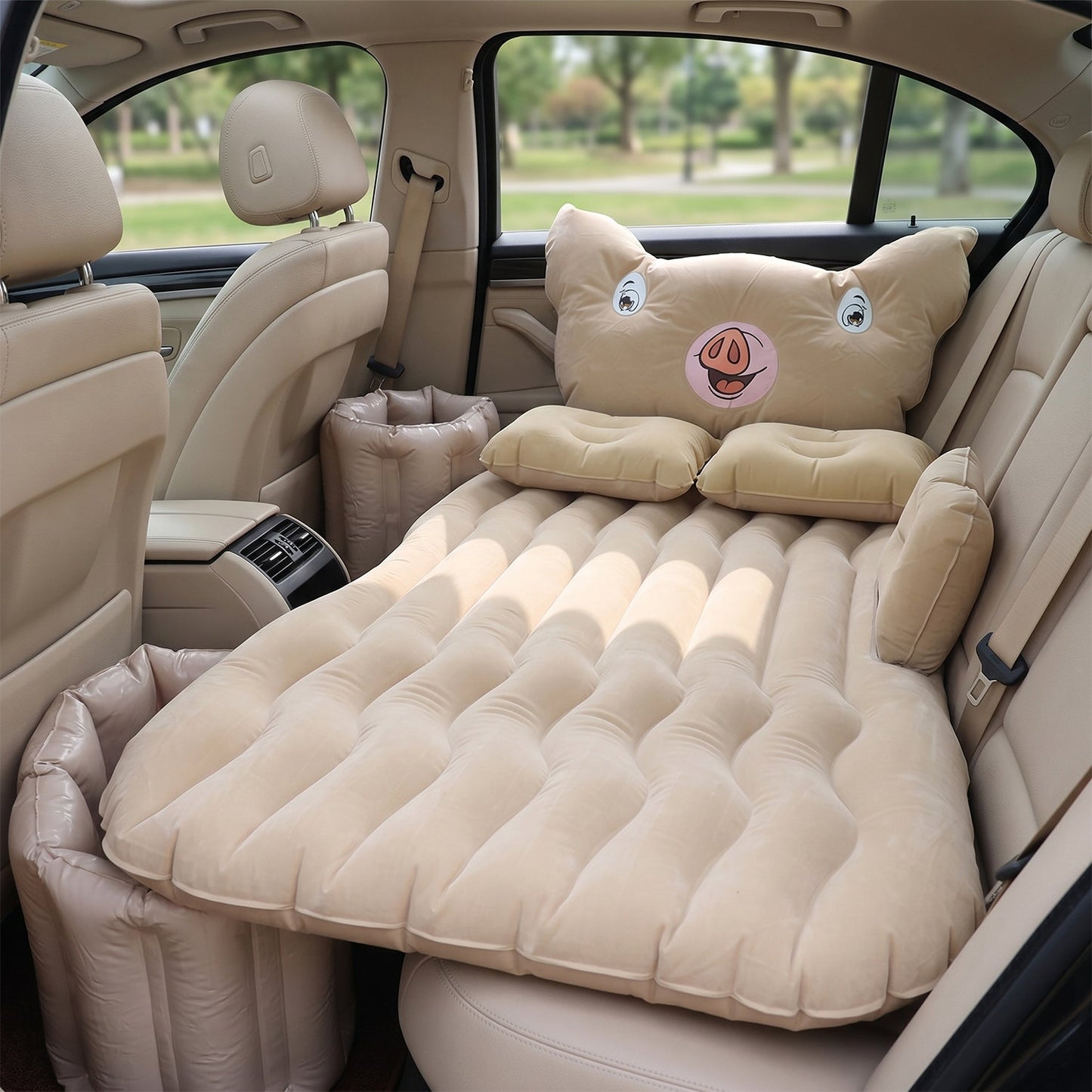 Inflatable bed set fitted in sedan car back seat