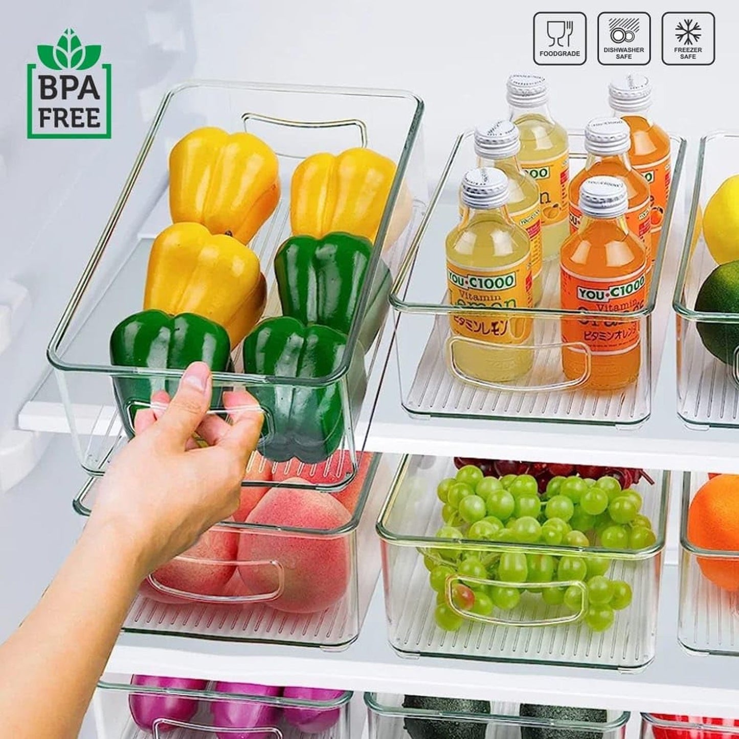 Plastic Refrigerator Organizer Bins, 1 Stackable Fridge Organizers with Handle, Clear Organizing Food Fruit Vegetables Pantry Storage Bins for Freezer kitchen Cabinet Organization and Storage (1 Pc Mix Color)