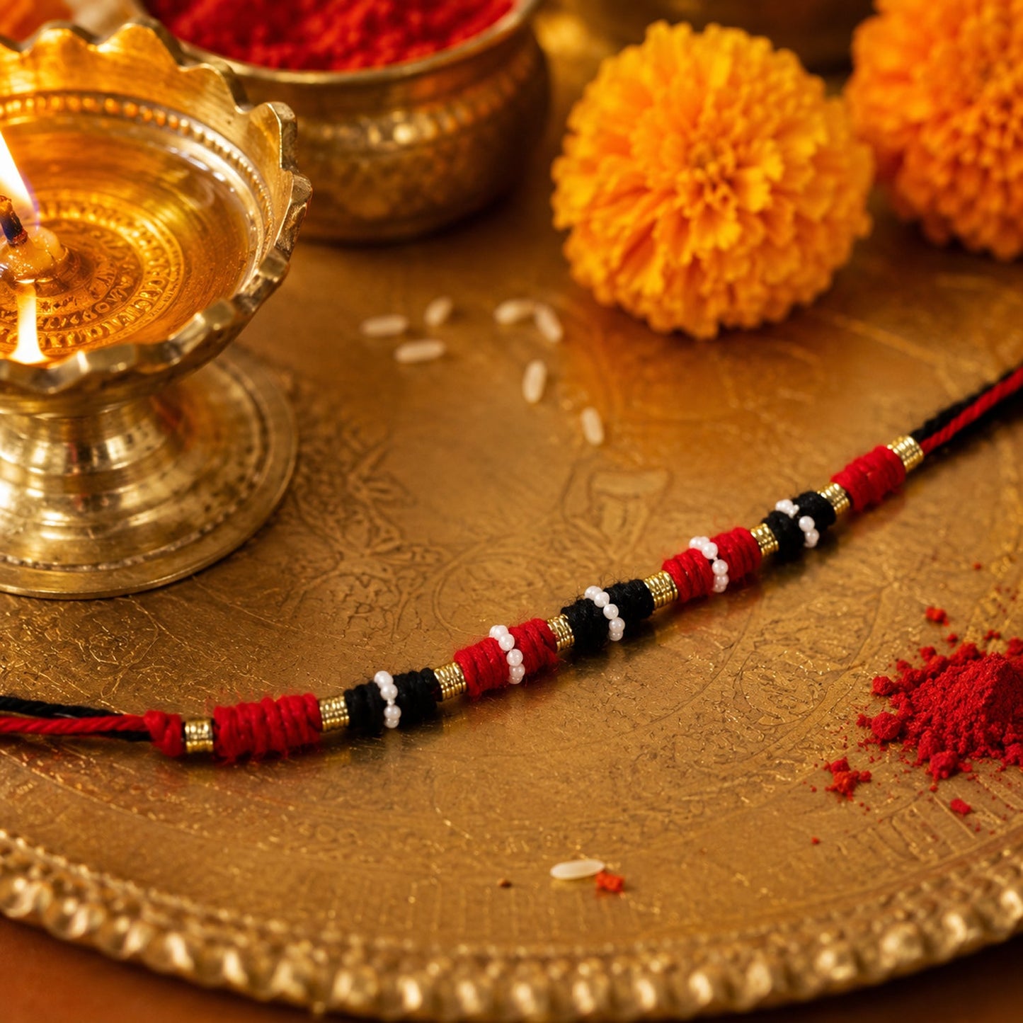 Red Black Gold Wire Rakhi with White Beads