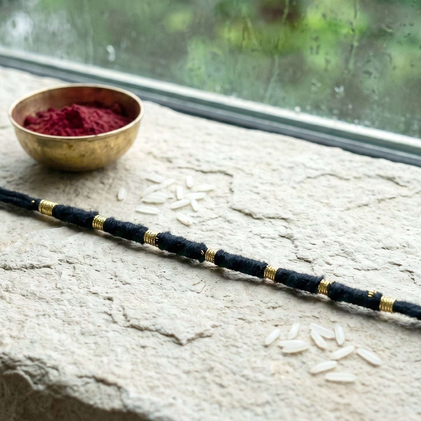 Handmade Black Thread Bracelet Rakhi with Gold Beads (1 Pc)