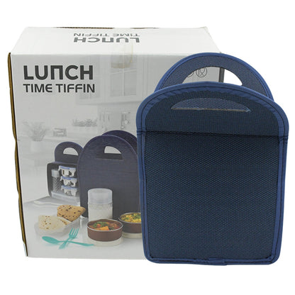 6In1 Tiffin Box-Lunch Box | 3 Stainless Steel Containers | Plastic lid Box | Spoon & Fork /Plastic Bottle | Insulated Fabric Bag | Leak Proof | Microwave Safe  for Office, College and School  (6 pcs)