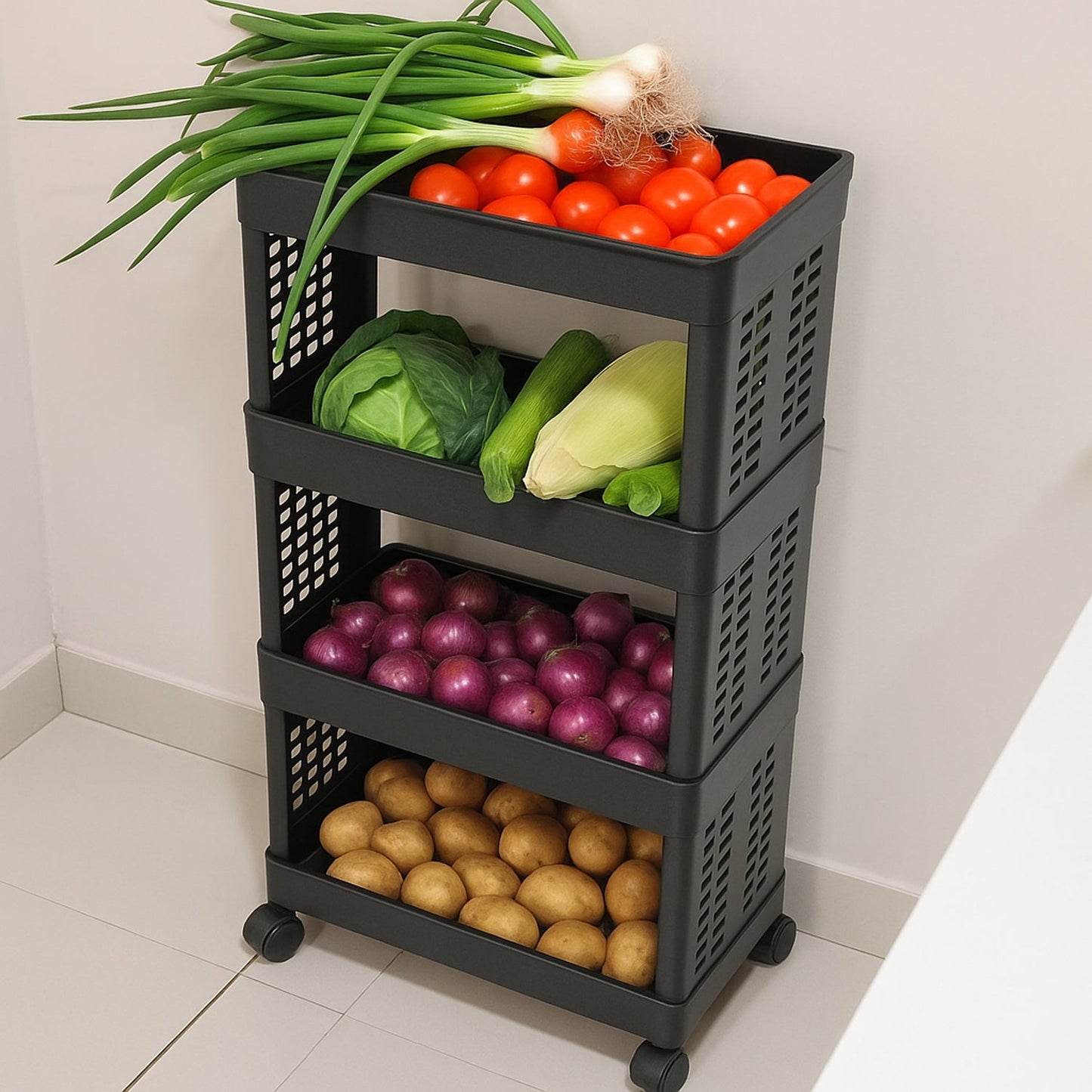  4-Layer Plastic Storage Rack Wheels - scale