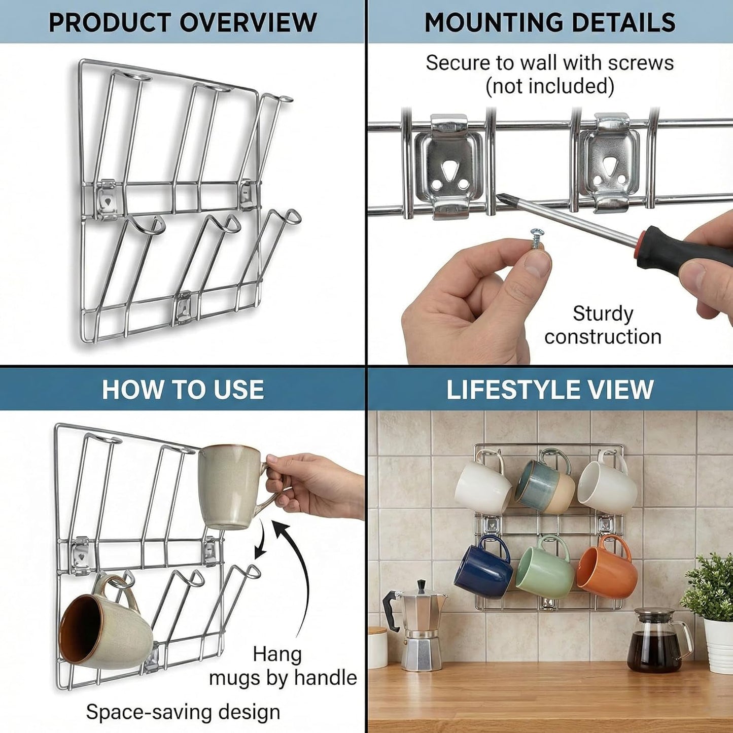 Wall-Mounted Stainless-Steel Cup & Mug Holder Rack (25 x 25 cm, 1 Pc)