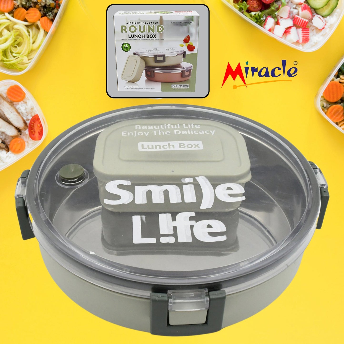 Miracle Stainless Steel Round Lunch Box (450 ML + 250 ML Approx)