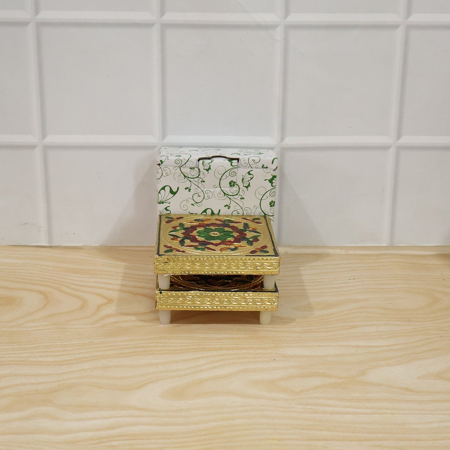 Handicraft Wood Chowki for Pooja , Wooden Bajot (2 Pc / Mix Descign & Color)