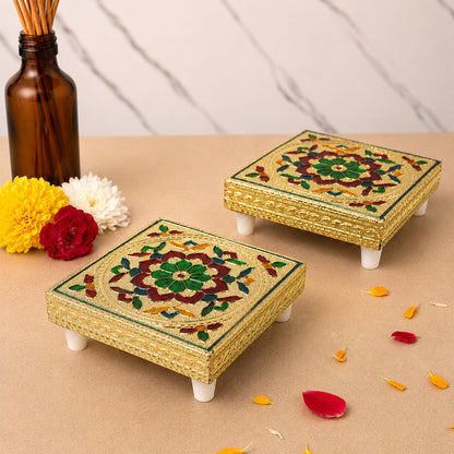 Handicraft Wood Chowki for Pooja , Wooden Bajot (2 Pc / Mix Descign & Color)
