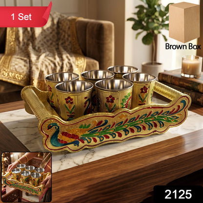 Peacock Design Glass with Handle and Handicraft Serving Tray Set