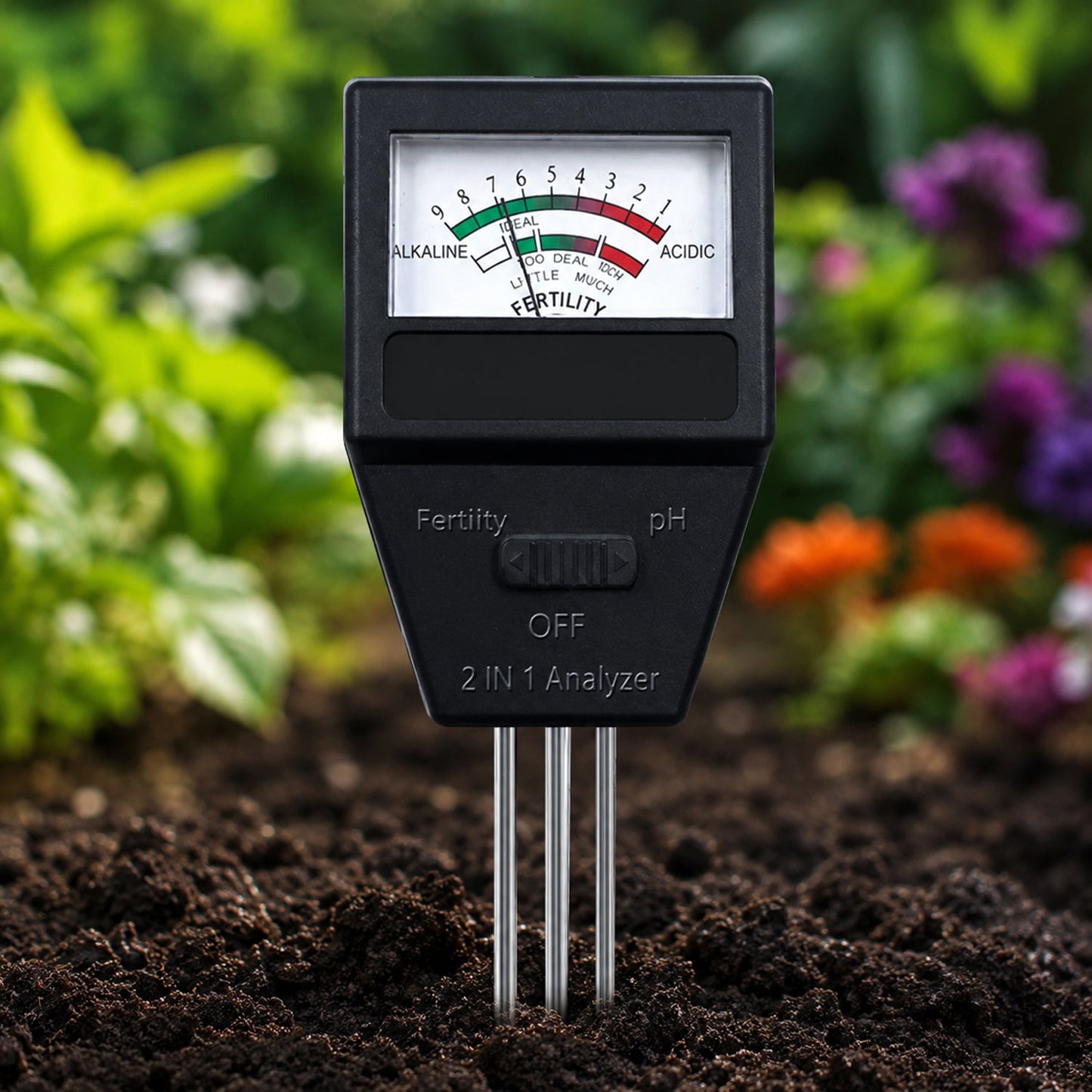 2 in 1 Soil Meter main image probe inserted in garden soil