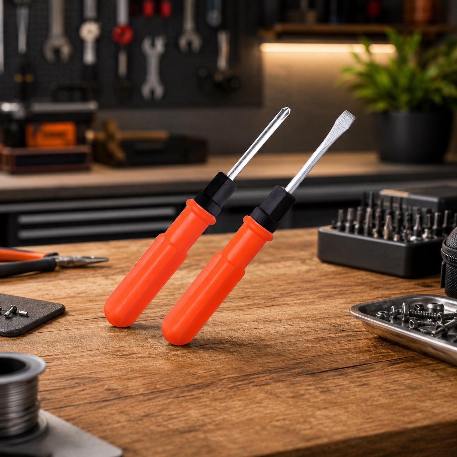 2 in 1 screwdriver both tips flathead and phillips on workbench