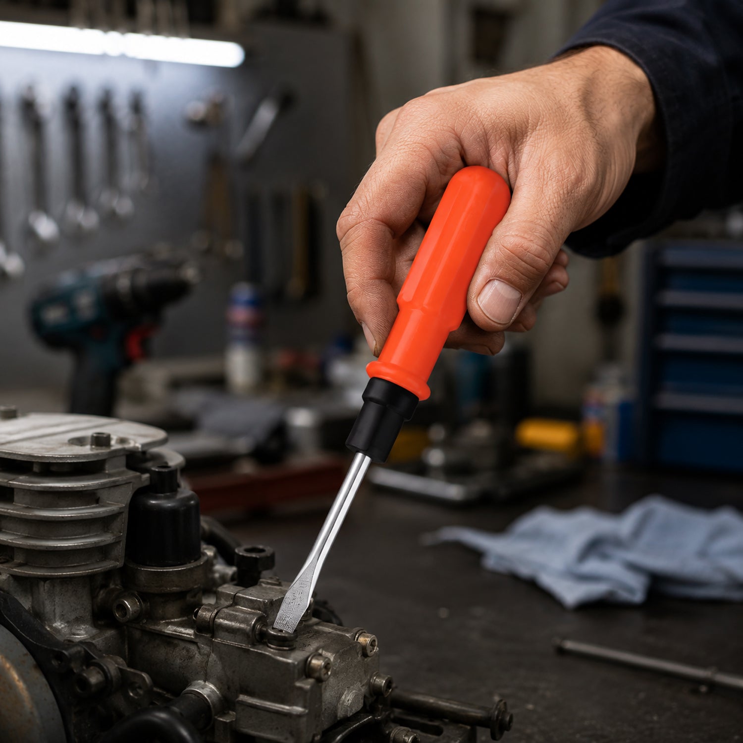 Mechanic using 2 in 1 screwdriver on engine garage lifestyle
