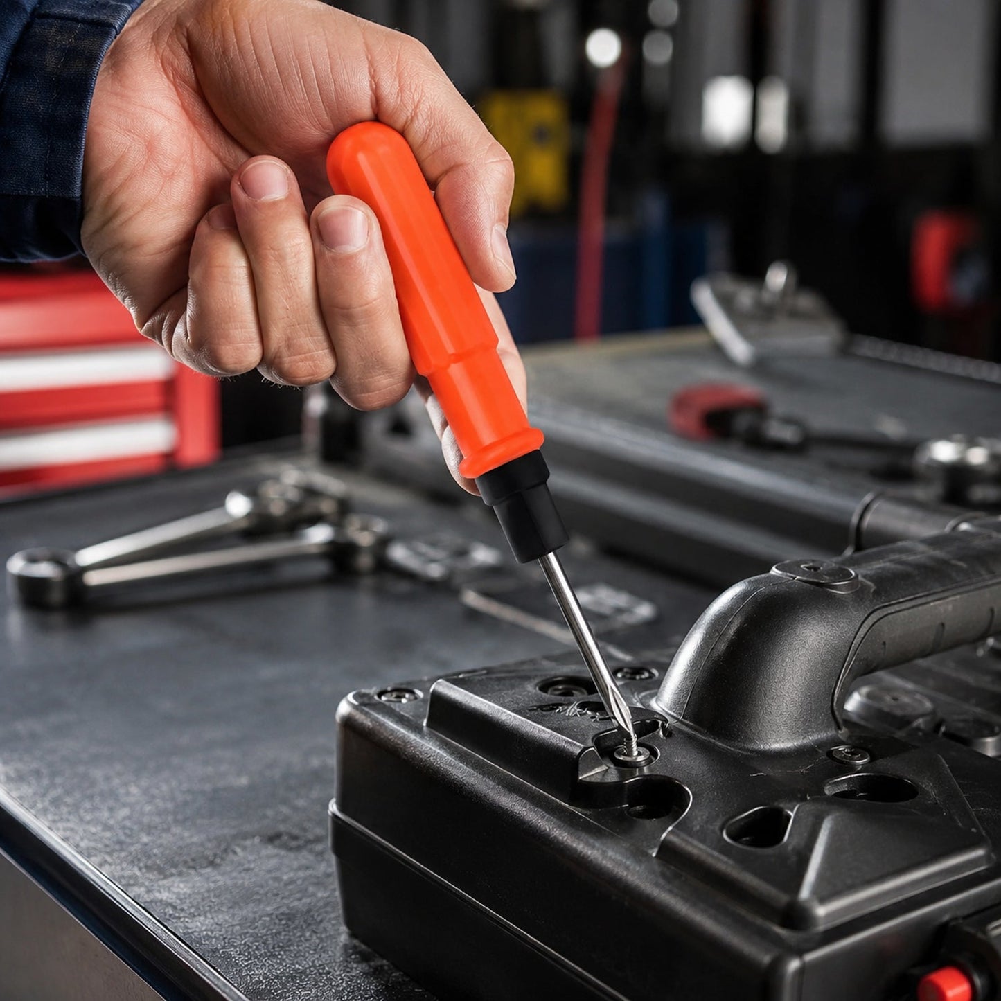 2 in 1 screwdriver tightening screw on automotive part workshop