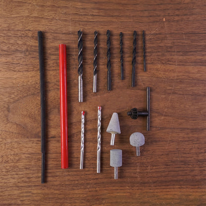 Drill bits grinding stones screwdriver bits flatlay accessories kit