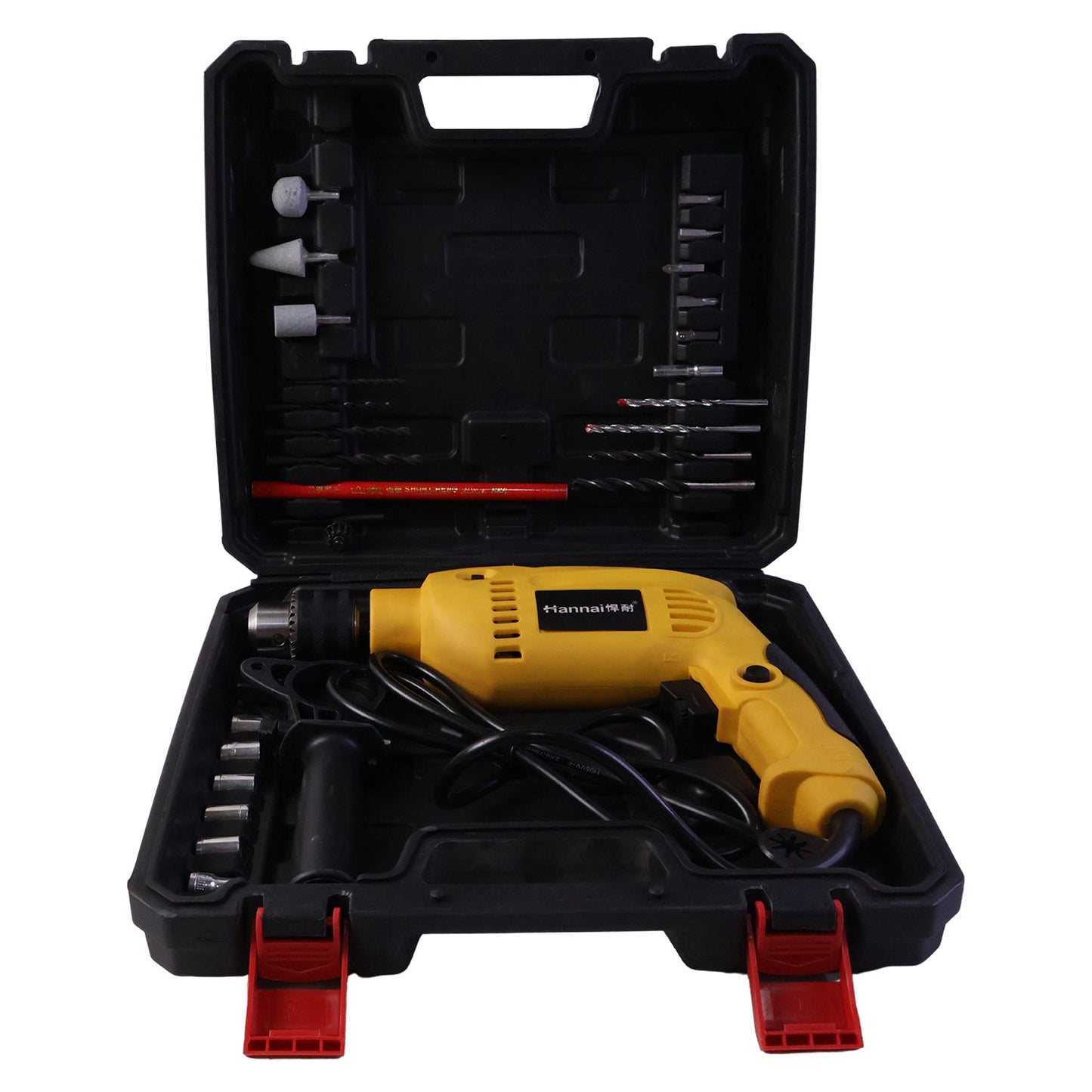 Drill machine tool kit open carry case white background all accessories