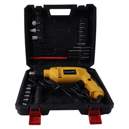 Drill machine tool kit open carry case white background all accessories