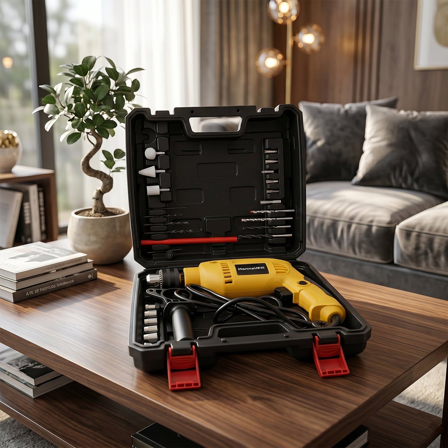 Drill machine tool kit open case on coffee table lifestyle