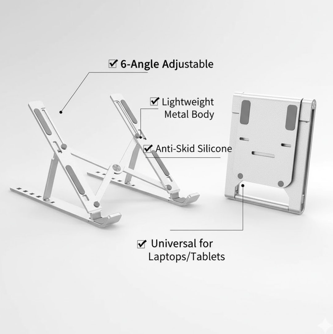 Metal Portable Laptop Stand – 6-Angle Adjustable Riser for Laptops, Phones & Tablets