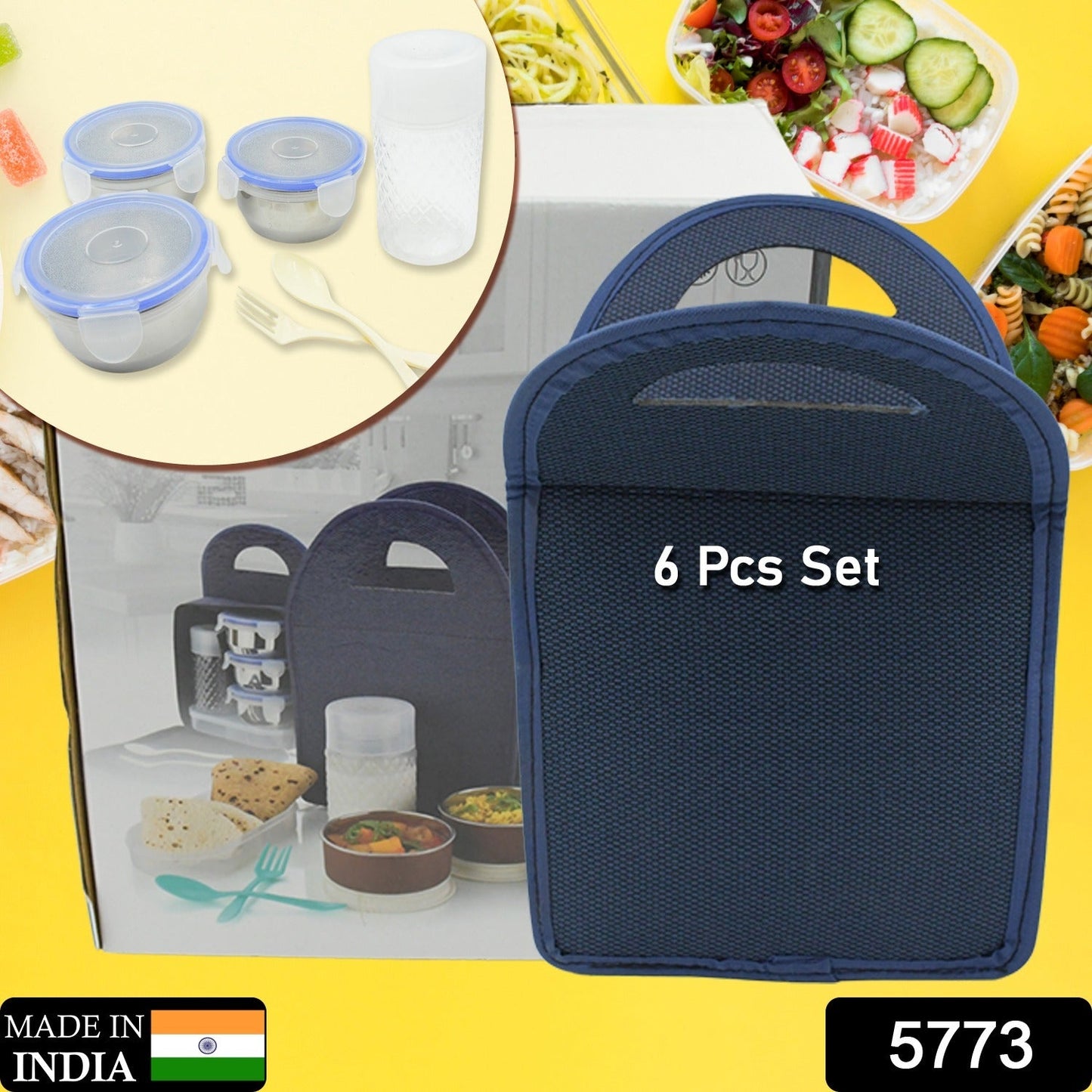 6In1 Tiffin Box-Lunch Box | 3 Stainless Steel Containers | Plastic lid Box | Spoon & Fork /Plastic Bottle | Insulated Fabric Bag | Leak Proof | Microwave Safe  for Office, College and School  (6 pcs)
