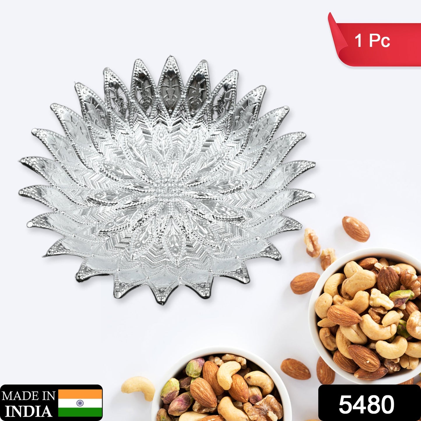 Traditional silver-finish plastic serving tray decorative design India