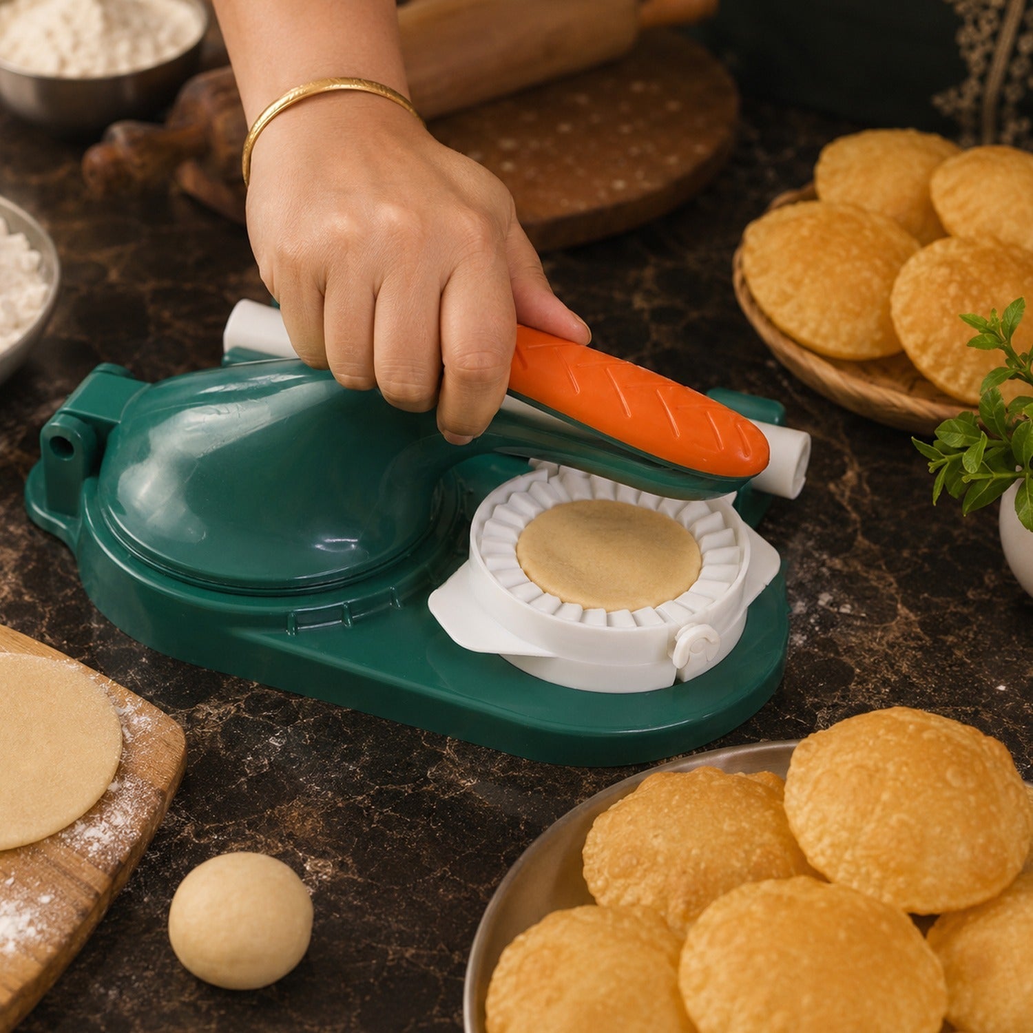 Mini puri press open with dough