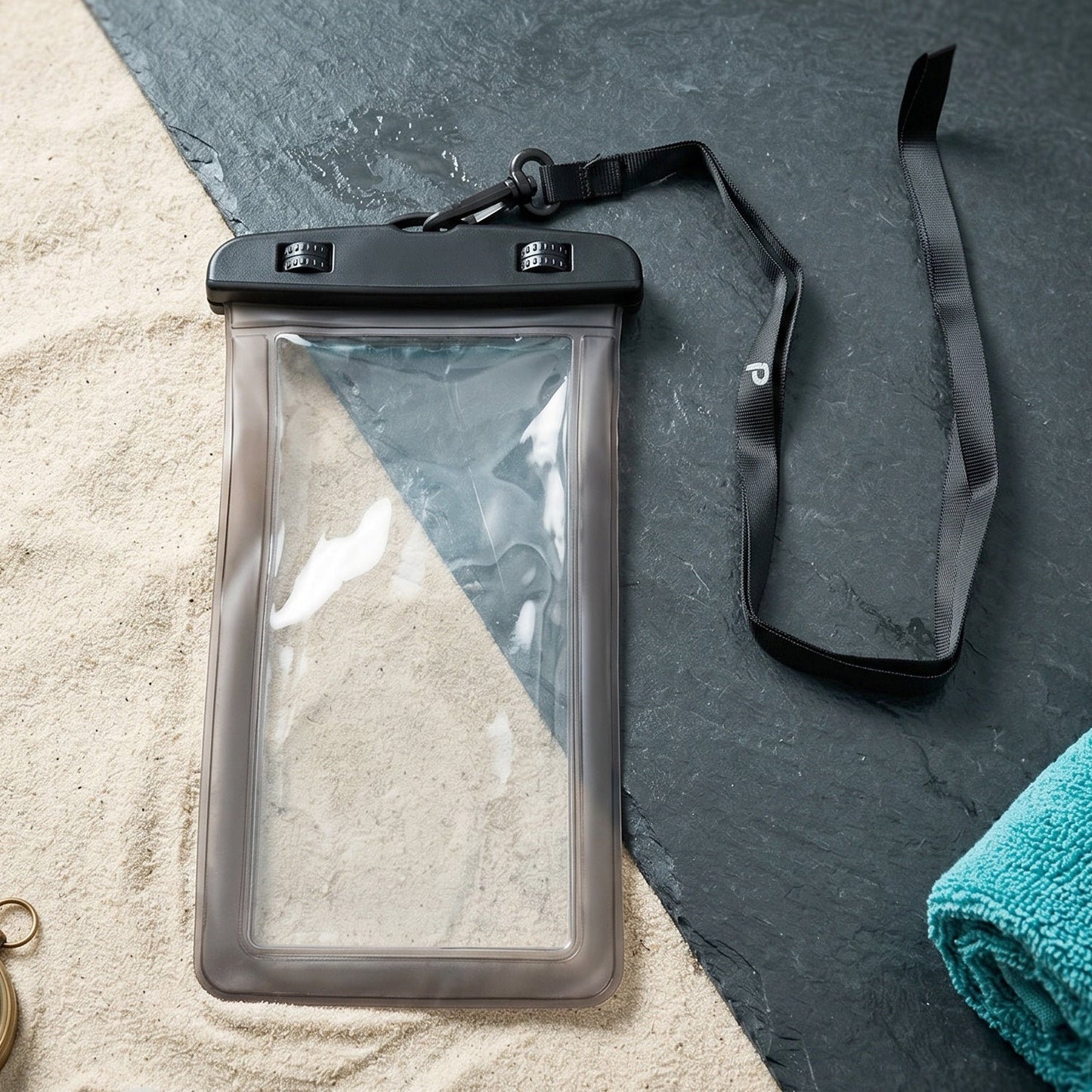 Black waterproof pouch closeup detail