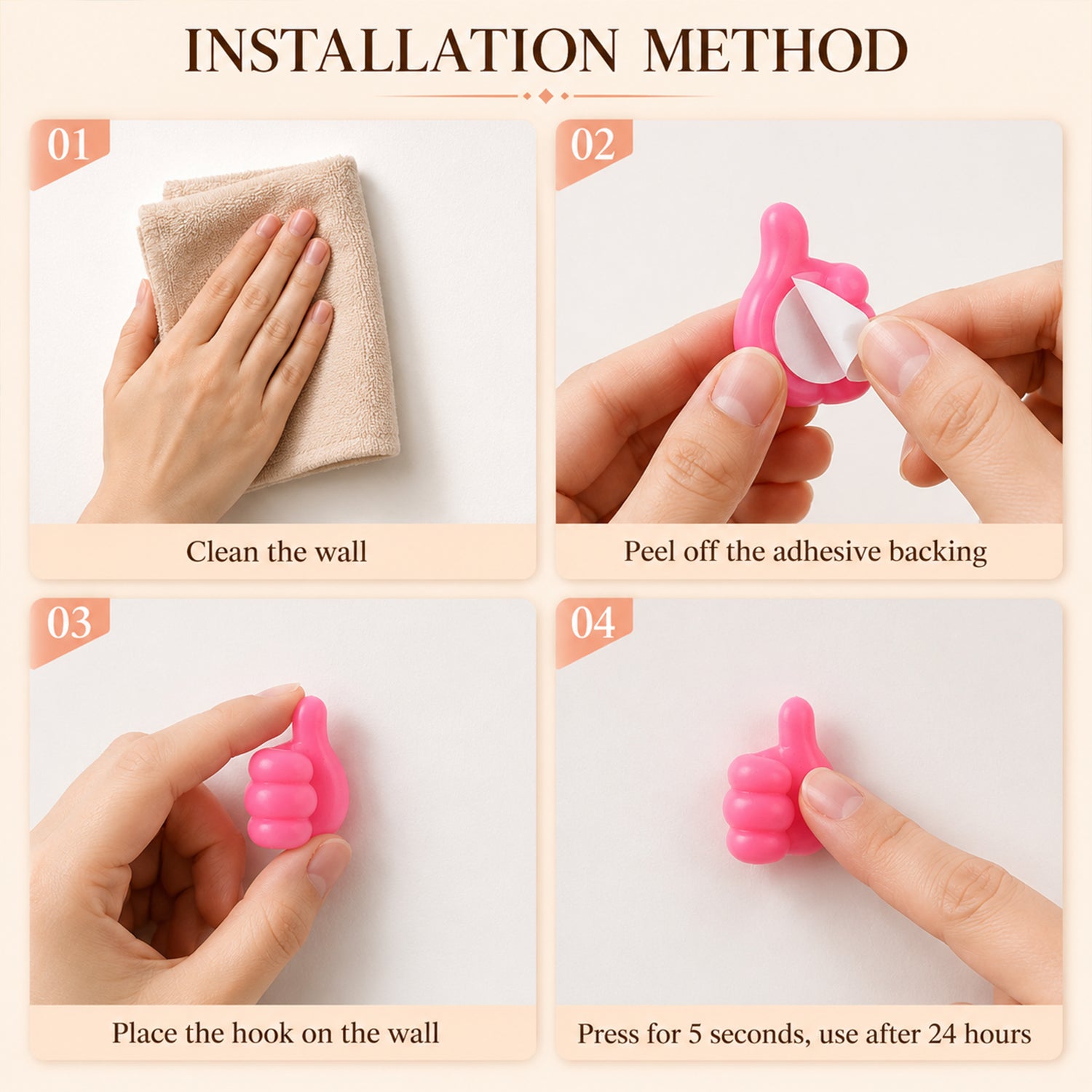 Thumb wire holder installation steps 4 step peel and stick