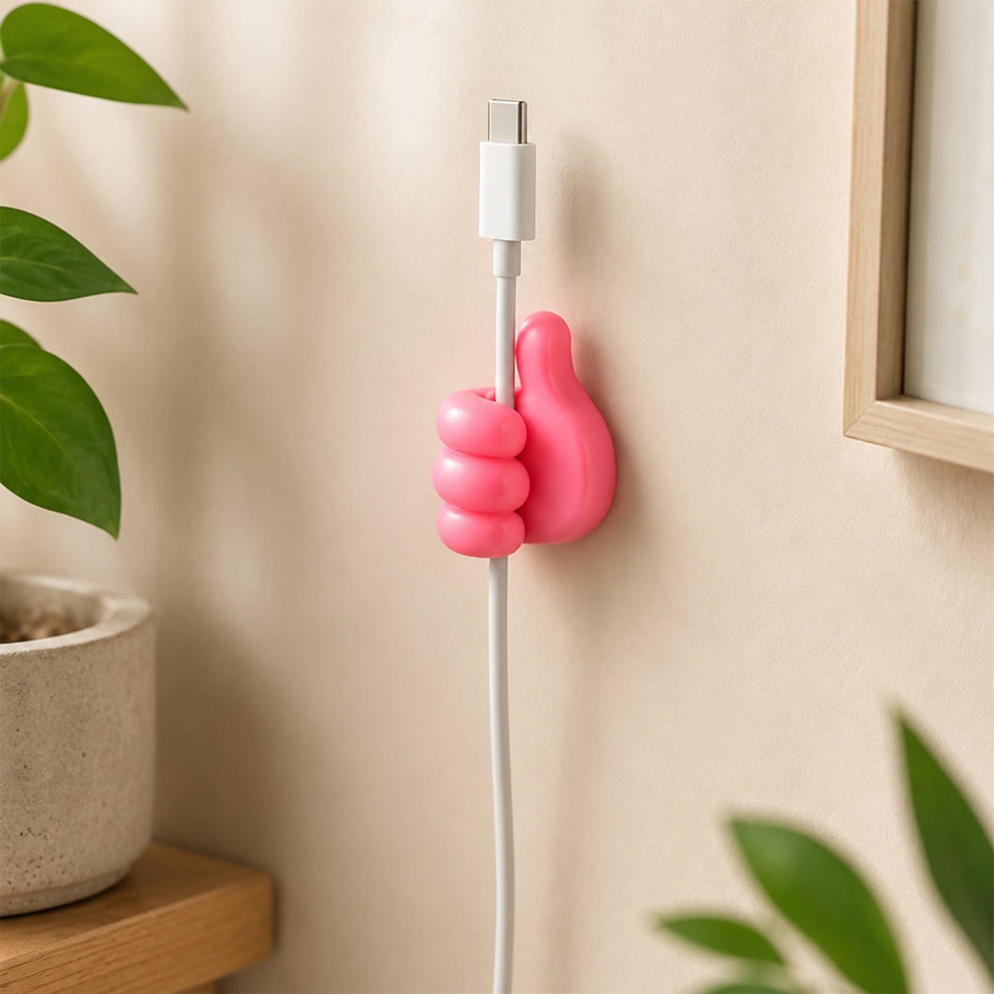 Thumb wire holder holding USB cable on wall lifestyle